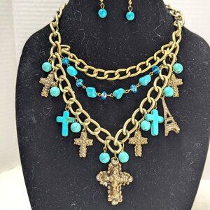 Southwestern Aqua Turquoise Goldtone Cross Pendants Statement Necklace Earrings